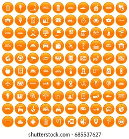 100 navigation icons set in orange circle isolated on white vector illustration