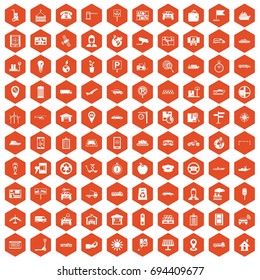 100 navigation icons set in orange hexagon isolated vector illustration