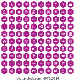 100 navigation icons set in violet hexagon isolated vector illustration