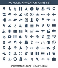 100 navigation icons. Trendy navigation icons white background. Included filled icons such as luggage, atom interaction, pointer, pause, escalator. navigation icon for web and mobile.