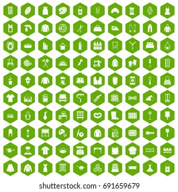 100 needlework icons set in green hexagon isolated vector illustration