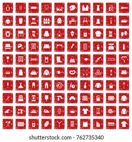 100 needlework icons set in grunge style red color isolated on white background vector illustration