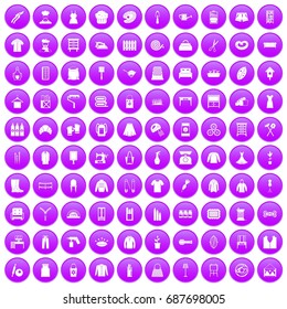 100 needlework icons set in purple circle isolated on white vector illustration