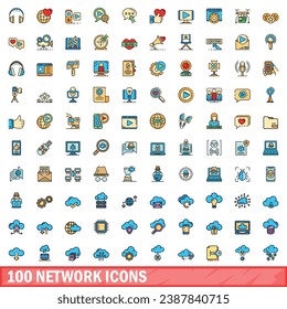 100 iconos de red establecidos. Conjunto de líneas de color de iconos vectoriales de red color de línea delgada plano sobre blanco