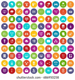 100 network icons set in different colors circle isolated vector illustration