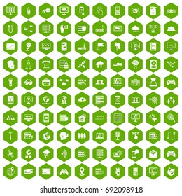 100 network icons set in green hexagon isolated vector illustration