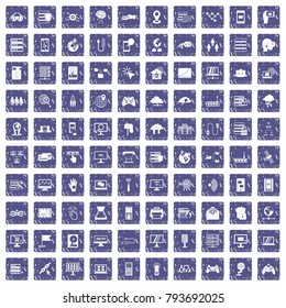 100 network icons set in grunge style sapphire color isolated on white background vector illustration