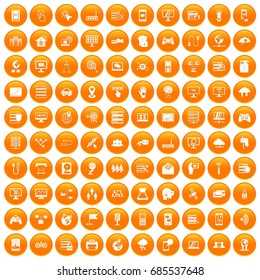 100 network icons set in orange circle isolated on white vector illustration