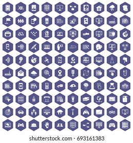 100 network icons set in purple hexagon isolated vector illustration