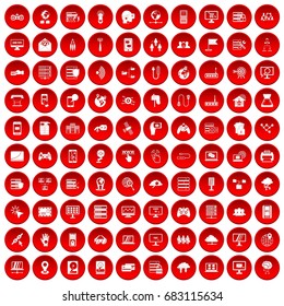 100 network icons set in red circle isolated on white vector illustration