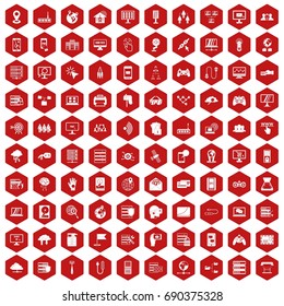 100 network icons set in red hexagon isolated vector illustration