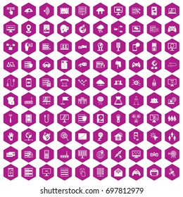 100 network icons set in violet hexagon isolated vector illustration
