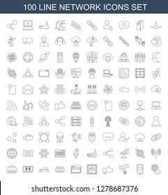 100 network icons. Trendy network icons white background. Included line icons such as globe and plane, heart mobile, signal, thumb up, photo with heart. network icon for web and mobile.