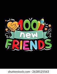 100 New Friends Graphic Design Vector Illustration for Classroom, Kids, Teachers, Learning, Education, School Events, Friendship Celebration, 100 Days Milestone Poster Design for Students