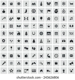 100 new year icons, black on square gray background 