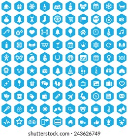 100 new year icons, blue hexagon background 