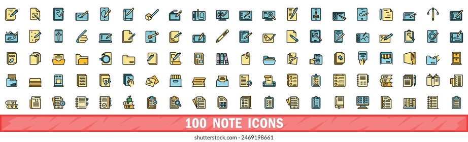 100 note icons set. Color line set of note vector icons thin line color flat on white