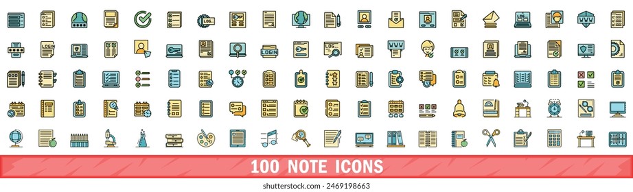 100 note icons set. Color line set of note vector icons thin line color flat on white