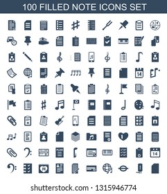 100 note icons. Trendy note icons white background. Included filled icons such as paper, geyser, music note, international music, document, resume. icon for web and mobile.
