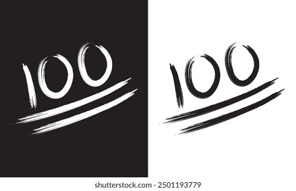 100 Number grunge brush freestyle font designed using black and white handwriting line shape. 100 logo design by hand draw. Vector illustration.