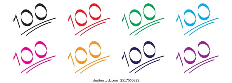 100 número dibujar a mano diseño de logotipo. Color diferente del número 100. Estilo de pincel de 100 números dibujados a mano.