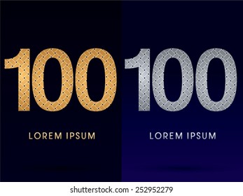 100 ,Number, Luxury font, designed using gold and silver line  on dark background, idea from wicker,basket , ribbons, jewelry, logo, symbol, icon, graphic, vector.