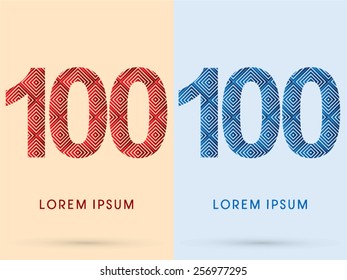 100 ,Number ,Luxury font, designed using red and blue line square geometric shape, hot and cool tone, logo, symbol, icon, graphic, vector.