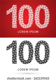 100 ,Number, Modern font, designed using white and black triangle geometric shape. on red and white background, ,logo, symbol, icon, graphic, vector.