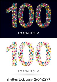 100 ,Number,Colorful font, concept mosaic pattern, designed using colors triangle geometric shape. on dark and white background, sign ,logo, symbol, icon, graphic, vector.
