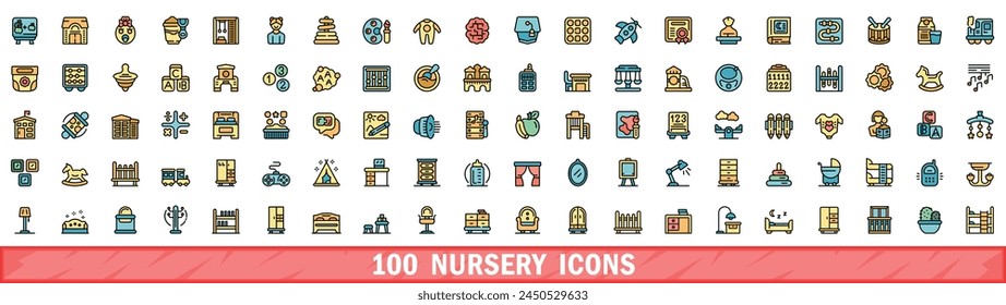 100 conjunto de iconos de vivero. Conjunto de línea de color de iconos vectoriales de vivero línea fina de color plana en blanco