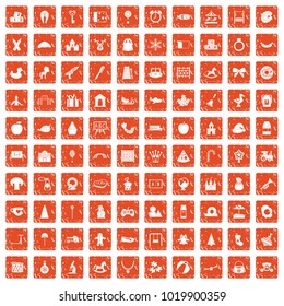100 nursery school icons set in grunge style orange color isolated on white background vector illustration