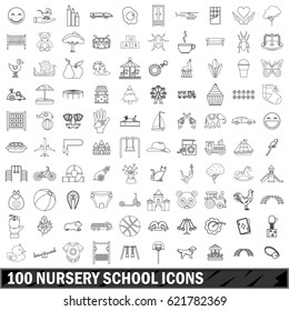 100 nursery school icons set in outline style for any design vector illustration
