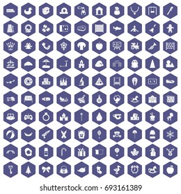 100 nursery school icons set in purple hexagon isolated vector illustration