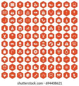 100 nursery school icons set in orange hexagon isolated vector illustration