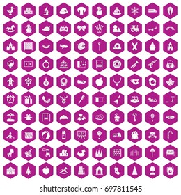 100 nursery school icons set in violet hexagon isolated vector illustration