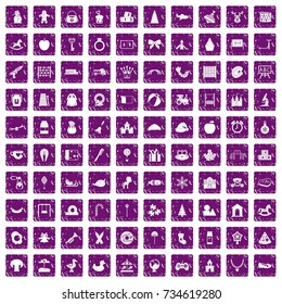 100 nursery school icons set in grunge style purple color isolated on white background vector illustration