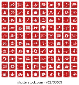 100 nursery school icons set in grunge style red color isolated on white background vector illustration