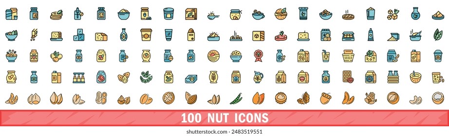 100 nut icons set. Color line set of nut vector icons thin line color flat on white