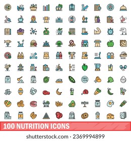 100 nutrition icons set. Color line set of nutrition vector icons thin line color flat on white