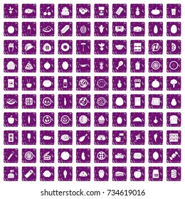 100 nutrition icons set in grunge style purple color isolated on white background vector illustration
