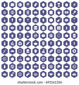 100 nutrition icons set in purple hexagon isolated vector illustration