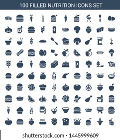 100 nutrition icons. Trendy nutrition icons white background. Included filled icons such as burger and drink, corn, burger with pepper, chicken leg. nutrition icon for web and mobile.