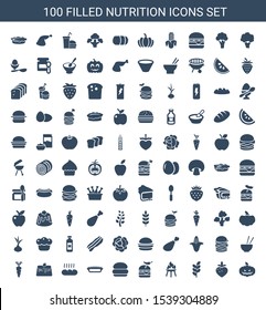 100 nutrition icons. Trendy nutrition icons white background. Included filled icons such as pumpkin haloween, strawberry, wheat, bbq, burger with pepper. nutrition icon for web and mobile.