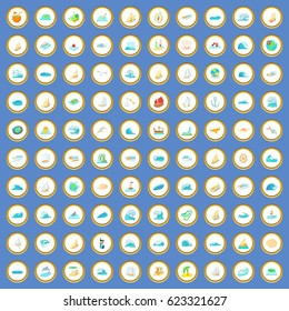 100 ocean icons circle set on blue background cartoon style vector illustration