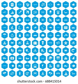 100 ocean icons set in blue hexagon isolated vector illustration
