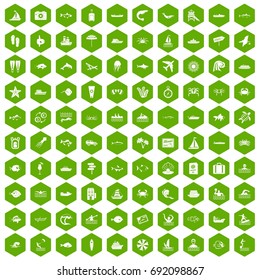 100 ocean icons set in green hexagon isolated vector illustration