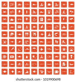 100 ocean icons set in grunge style orange color isolated on white background vector illustration