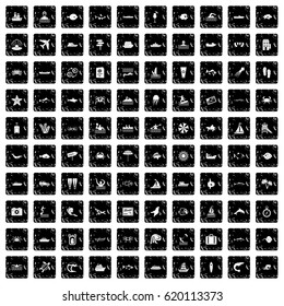 100 ocean icons set in grunge style isolated vector illustration