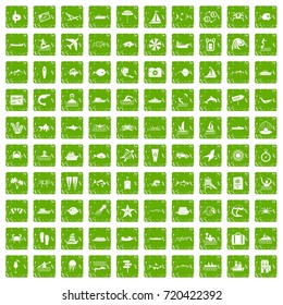 100 ocean icons set in grunge style green color isolated on white background vector illustration
