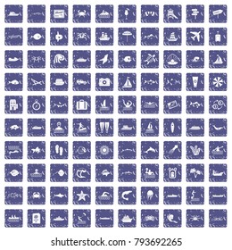100 ocean icons set in grunge style sapphire color isolated on white background vector illustration